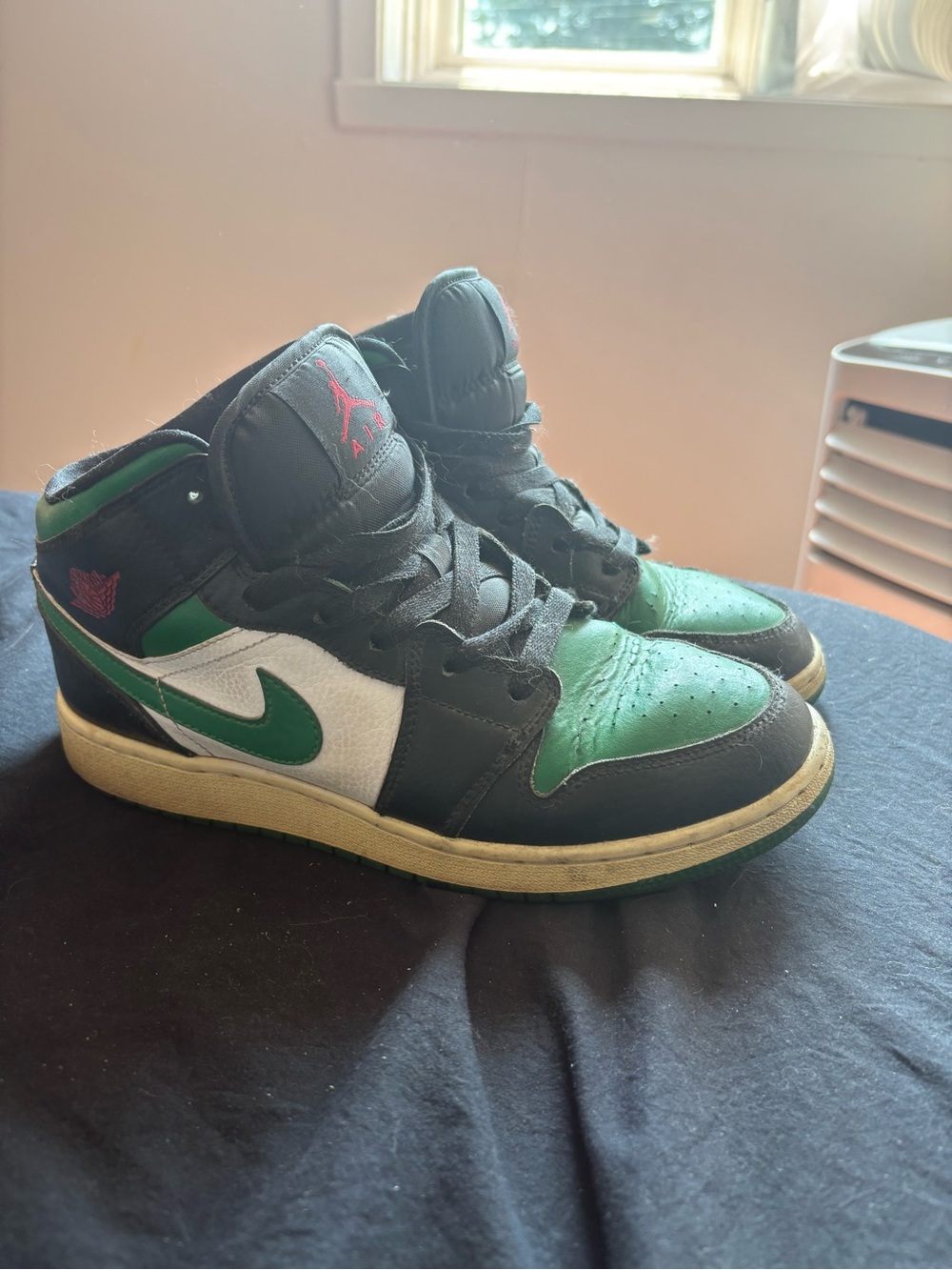 Nike Air Jordan 1 Mid Green Black White with Red Accent
